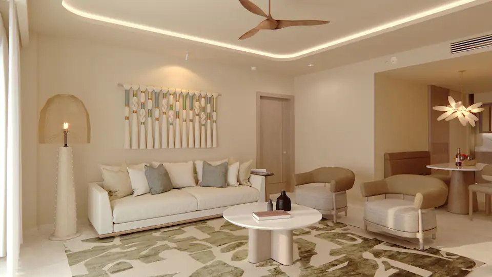 Ocean Front Master Villa King living room with modern seating area and oceanfront terrace at Hyatt Zilara Cancun.