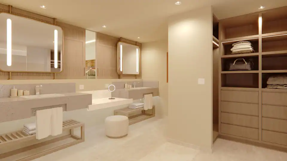 Presidential Suite luxury bathroom with double vanity and walk-in wardrobe at Hyatt Zilara Cancun.
